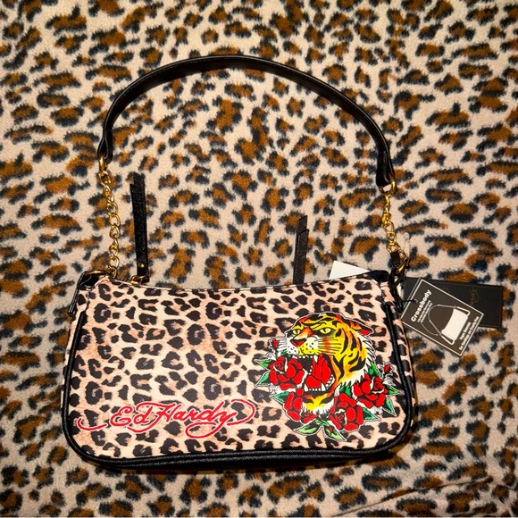 NWT Ed Hardy Cheetah Leopard Print Tiger Roses Viral Shoulder Bag W Add. Strap - Picture 1 of 4